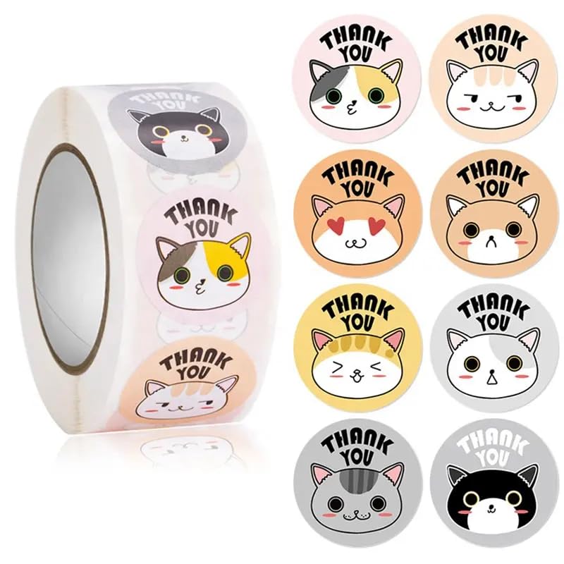 Image of 2000pcs Watercolor Thank You Cat Stickers Round Thank You Cat Self Adhesive Sticker for Paper Small Business Wedding Supplies (4 Thank You Cat Stickers) 25 mm