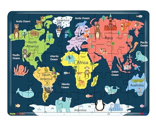 Image of Fiddlys 40 Pcs Paperless Wooden Jigsaw Puzzle for Kids & Children Age 4+ Learning Educational Double Layered Wooden Puzzles with Bright Front & Back Print (World Map)