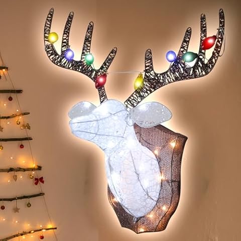 26" White Christmas Deer Head Wall Decoration with Lights,3D Lighted-up White Reindeer Head Indoor Hanging Door Window Decor Xmas Holiday Display Cover