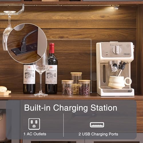 Image of Fatmok 71 inch Tall Pantry Cabinet with Glass Doors, Kitchen Hutch Storage Cabinet, Coffee Bar & Liquor Cabinet with Charging Station & LED Lights, Wine Rack, Adjustable Shelves&Large Drawer, Brown