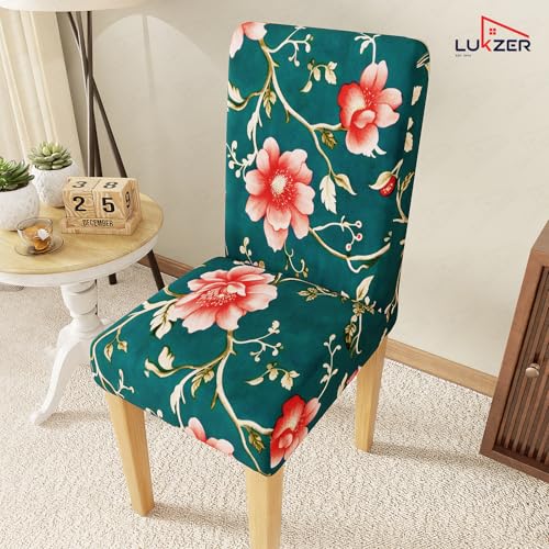 Image of Lukzer 1PC Blue Flower Stretchable Dining Chair Cover | Universal Fit Removable Washable Slipcover | 140 GSM Polyester + Spandex | Elastic Protective Cover for Home & Hotel Chairs Seat Slipcover