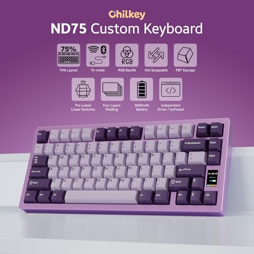 Image of Chilkey ND75 Aluminum Keyboard 75% Percent Wireless Gaming Mechanical Keyboard with LCD Screen, Quick Assembly, BT /2.4G /USB-C, Hot Swappable Per-Key RGB Custom Purple Key Board for Laptop Office PC