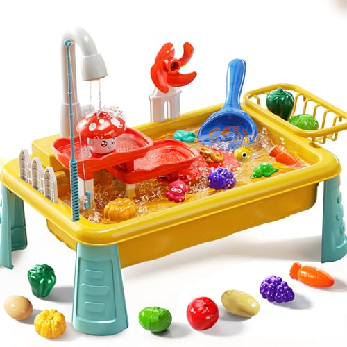JUKUDAHU Water Table Toy for Kids 2 3 4 5 6 Years Old - Outdoor Kitchen Toys Set with Electrical Faucet, Toddler Fishing Games, Summer Beach Sensory Water Play Table, Gifts for Boy Girl 2+ 3-5(Yellow)