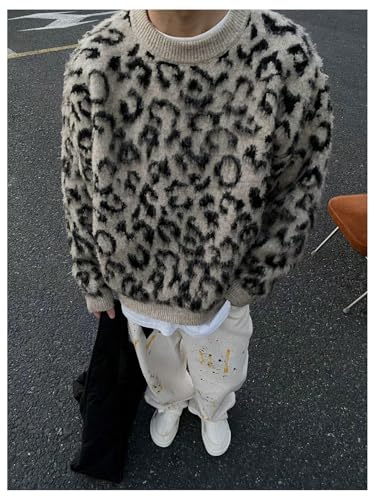 Men's Leopard Sweater Y2k Fuzzy Cheetah Sweater Crew Neck Drop Shoulder Streetwear Pullover Tops2