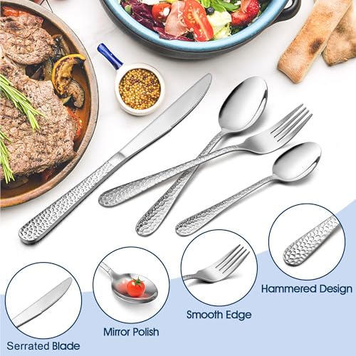 Herogo Cutlery Set, 30 Pieces Stainless Steel Flatware Set with Steak Knives, Hammered Tableware Silverware with Fork Knife Spoon, Service for 6 People, Easy Clean/Dishwasher Safe/Mirror Polished - Image 4