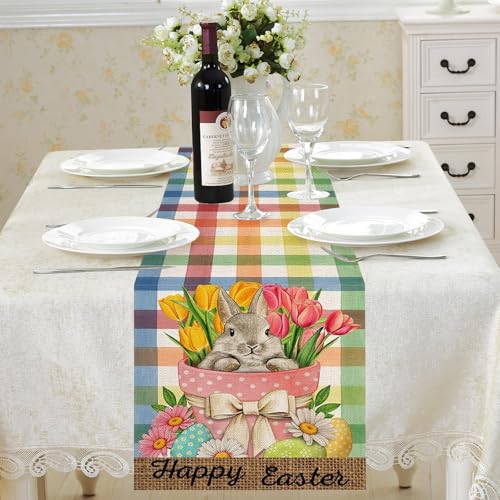 FairyPeach Bandera Mesa Pascua, Conejo de Pascua Bandera Mesa, Decoracion Pascua, Decoración de Mesa, Huevos Pascua Bandera Mesa, Mantel Pascua, Regalos Pascua (Colores Cuadrícula)