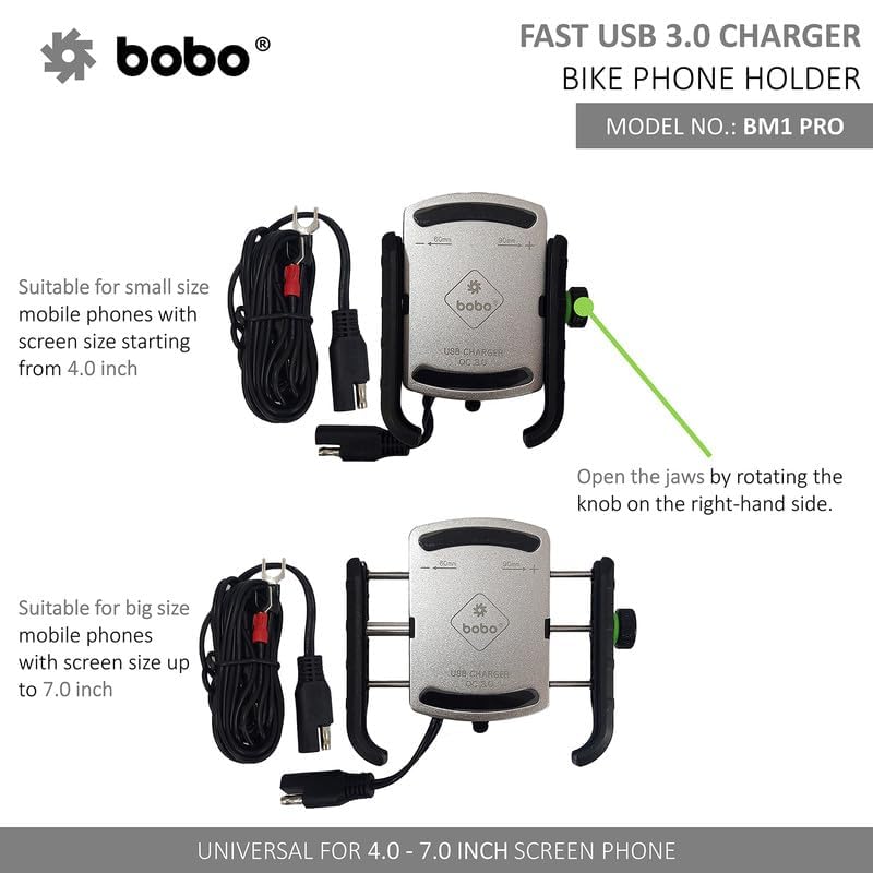 Image of BOBO BM1 PRO Jaw-Grip Waterproof Bike /Motorcycle /Scooter Mobile Phone Holder Mount with Fast USB 3.0 Charger, SAE Connector & Small USB Cable, Ideal for Maps and GPS Navigation (Silver)