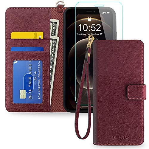 Pinzoveno iPhone 12 Pro Max Wallet Case for Women, Flip Phone Cover with Card Holder Wrist Strap and Screen Protector Kickstand PU Leather Folio Funda Cases for iPhone 12 Pro Max - Wine Red