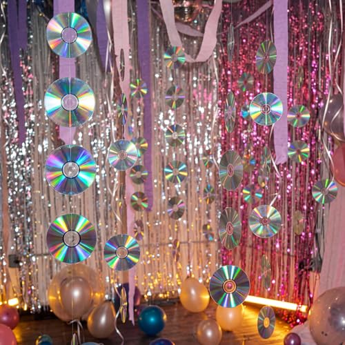 Rivvlive 48 Pcs Real Plastic 90s Cd Decorations, Double-sided Holographic 90s Party Decorations, Retro Y2k 2000s Theme Disco Hanging Garland Banner for Music Birthday Room Wall Decor