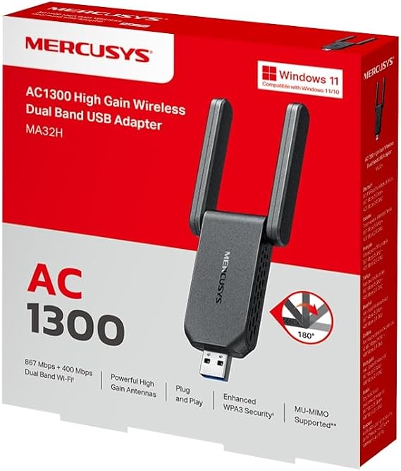 Mercusys MA32H, AC1300 Mbps, Çift Bant, USB 3.0, Yüksek Çekim Güçlü Wi-Fi 5 USB Adaptör