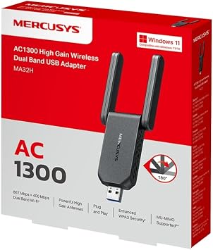 Mercusys MA32H, AC1300 Mbps, Çift Bant, USB 3.0, Yüksek Çekim Güçlü Wi-Fi 5 USB Adaptör
