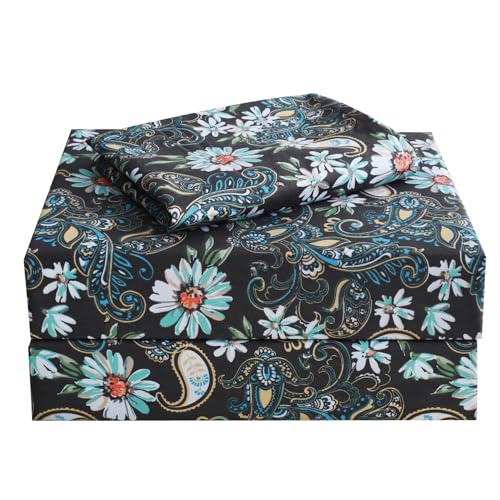 Image of JSD Black Paisley Floral Printed Twin Sheet Set Extra Deep Pocket | 3 Piece Soft Microfiber Sheets, OEKO-TEX Certified, Easy Care