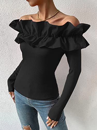 OYOANGLE Women's Long Sleeve Rib Knit Ruffle Off Shoulder Blouse Party Tops Shirt3