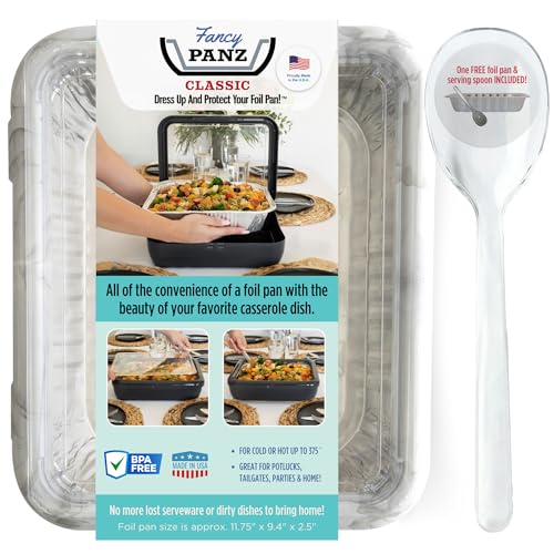 Image of Fancy Panz Classic, Food Serving Tray, Made in the USA Foil Pan Carrier, Stackable Aluminum Pan Holders with Clear Lid, Travel Casserole Carrier With 1 Disposable Foil Pan & Serving Spoon, Marble