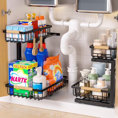 Lot de 2 Organisateurs sous Évier à Double Niveau, Design En L, Hauteur Ajustable 35,5-43,5 cm, Structure en Acier au Carbone Renforcé, Rangement et...