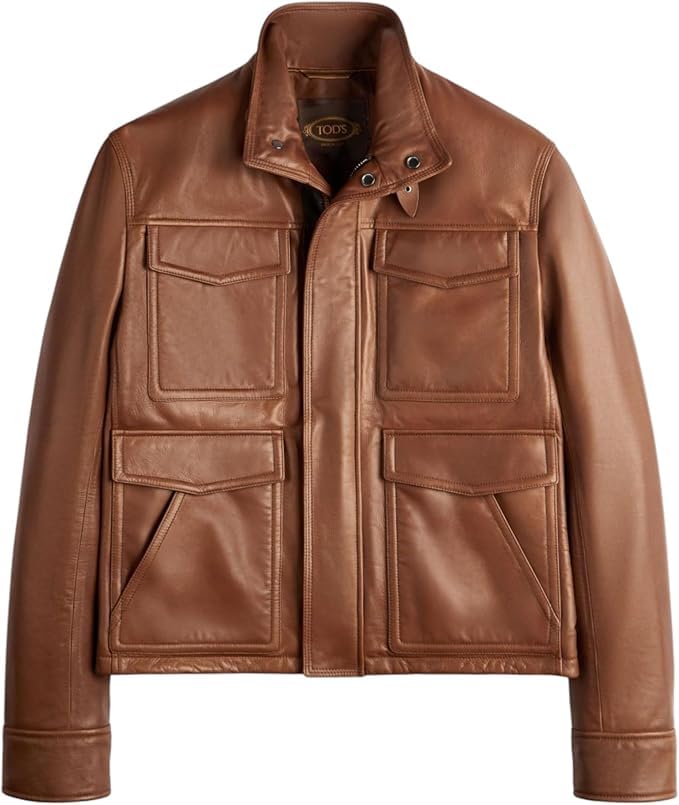 Veste en cuir véritable marron homme multi-poches chaude hiver