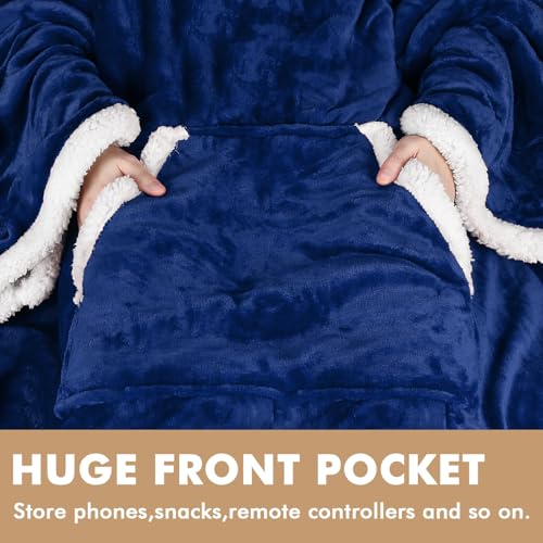 Tirrinia Sherpa Hood Wearable Blanket – Navy Blue Oversized Adult Hoodie Blanket with Pocket — view 4