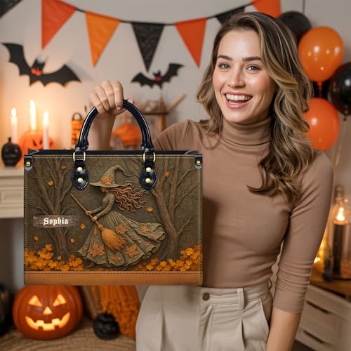 Personalized Witch Leather Handbags, Halloween Purses For Women, Spooky Bags for Women, Gifts for Halloween3