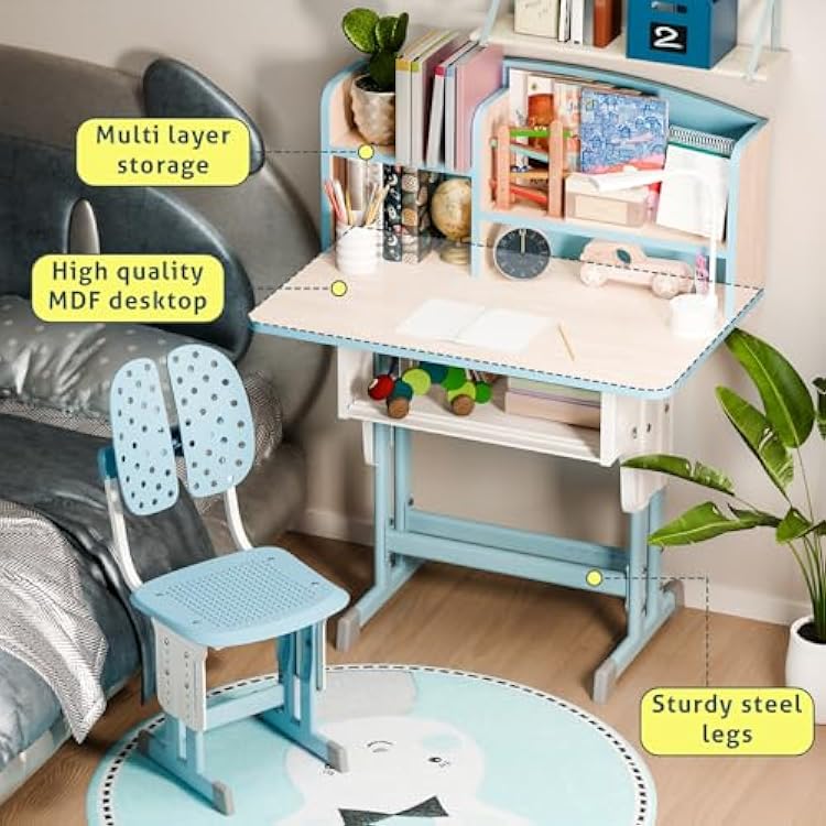 Kids Desk and Chair Set, Adjustable Height Children's Study Table with Storage Drawer, Book Stand, Backpack Hook & Cup Holder - Ergonomic Learning Desk for Boys Girls Blue B