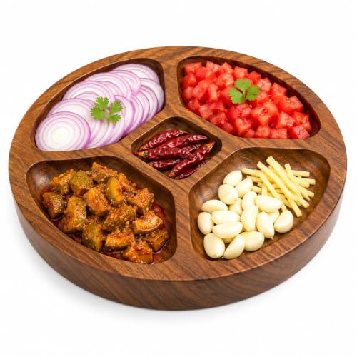 Image of Wooden Kitchen Preparation Tray | Wooden Vegetable & Masala Organizer | Chopping Prep Board with 5 Compartments | Dry Fruit, Snack & Spice Serving Tray | 10 Inch (Preparation Tray)