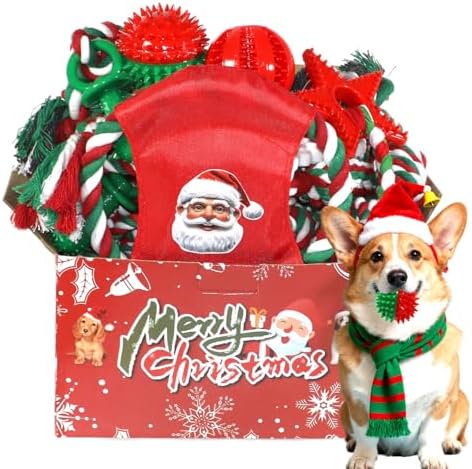 Christmas Dog Toys 15 Pack for Teeth Cleaning and Fun, Puppy Teething Chew Toy with Gift Box, Tug Rope Balls & Rubber Rings Bulk– Variety Dog Gifts Set Reduce Anxiety & Save Furniture