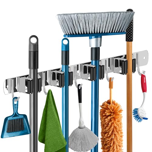 Mop and Broom Holder – Clear Cleaning Clutter and Reclaim Your Space | 5 Racks + 4 Hooks – Rust-Resistant Wall Organizer Holds Cleaning and Garden Tools Securely in Garages and Kitchens