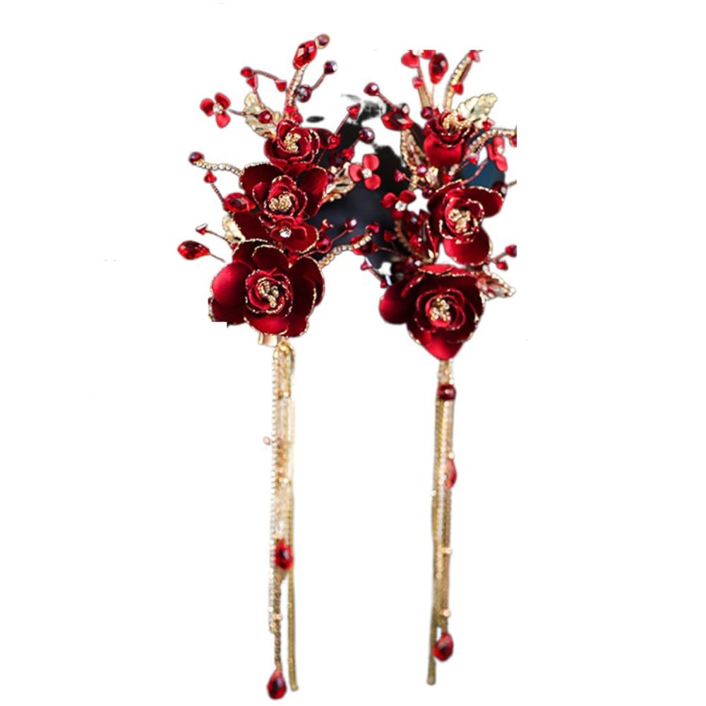 Set di 2 fermagli per capelli con nappe rosse e orecchini a forma di fiore, accessori per capelli da sposa cin