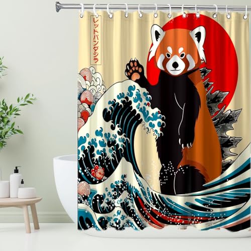 Image of Funny Cute Red Panda Shower Curtain, Japan Animal Ocean Sea Wave Fabric Shower Curtains Set, Japanese Art Shower Curtains with Hooks, Kids Bathroom Art 72x72inch