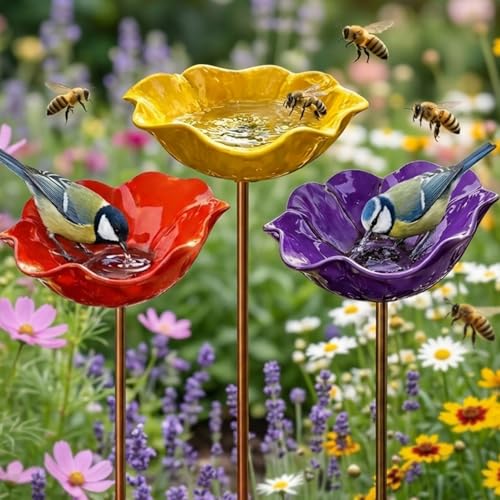 Vogeltränke Blume Bienentränke für den garten Insektentränke Gartenstecker aus Metall Gartendekoration für Rasen Balkon & Terrasse (Rot lila gelb)