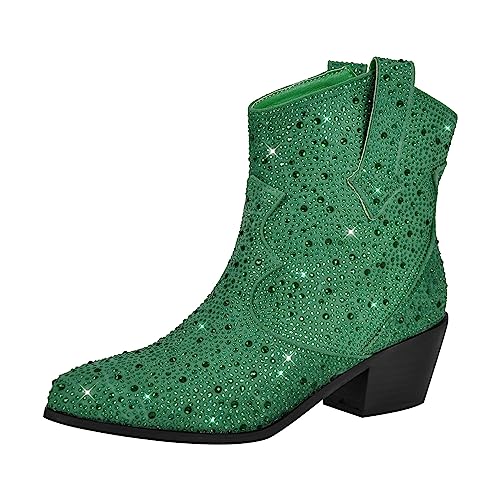 richealnini Sparkly Rhinestones Cowboy Cowgirl Stacked Heeled Ankle Boots with Tab Wedding Party Dressy