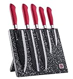 Imperial Collection Stainless Steel Kitchen Cutlery Knife Set with Wooden Permanent Magnetic Knife Block, Ergonomic Soft Grip and Embossed Non-Stick Coating, 6-Piece - Red