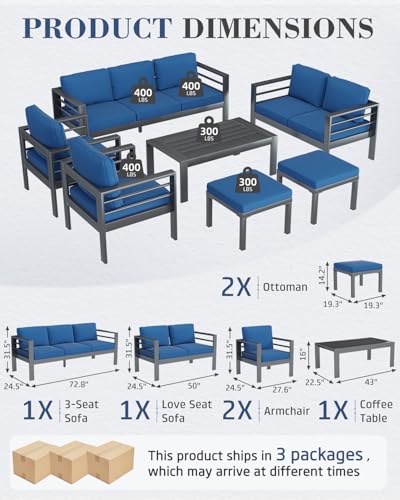 Image of AECOJOY Aluminum Patio Furniture Set, 9 Seats Modern Outdoor Furniture with Coffee Table, 7 Pieces Metal Conversation Sectional Sofa, Blue