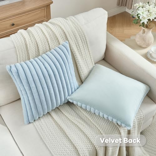 FUTEI Light Blue Striped Decorative Throw Pillow Covers 20x20 Inch Set of 2,Square Winter Decorations Couch Pillow Case,Soft Cozy Faux Rabbit Fur & Velvet Back,Modern Home Decor for Bed