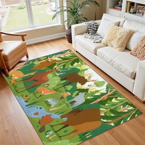 4x5 Boho Rug Rugs for Living Room Rugs for Entryway Forest Animals Wild Nature Environment Landscape Trees Nursery Room Decor Bedroom Rug Door Mat Woodland Rainbow Carpet