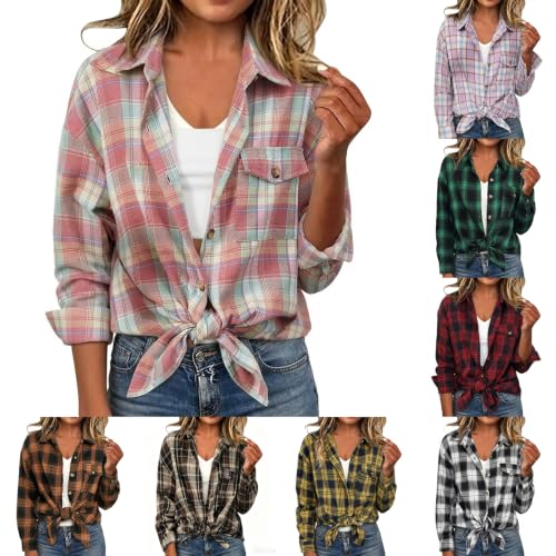 Flannel Plaid Shirts Womens Fall Casual Long Sleeve Button Down Tops Teacher Clothes Thanksgiving Cotton Sweatshirt Tee Y2K Pink - image 1