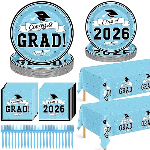 122 Pcs Graduation Plates and Napkins 2026 Serve 30, Disposable Graduation Decorations Class of 2026 Decorations, Skyblue Paper Plates and Napkins Forks Tablecloth Grad Tableware for Party Supplies