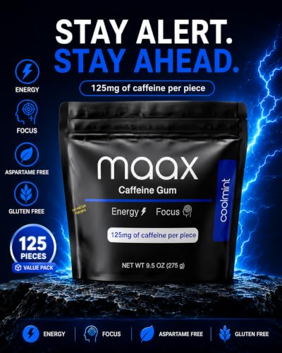 Image of Maax Caffeine Energy Gum | 125mg of caffeine per piece | Coolmint | 125 total pieces per bag