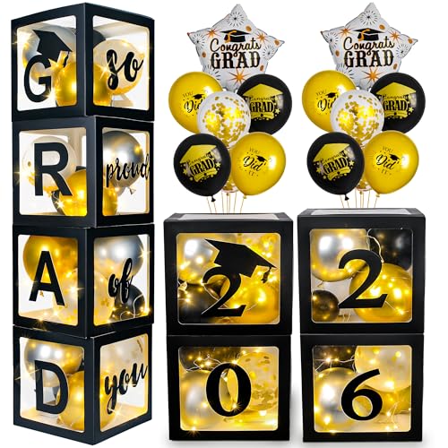 Image of AYGXU Graduation Decorations 2026-Graduation Party Decorations,Graduation Balloons Boxes(4PCS) with LED Light Strings & Letters 2026 GRAD So Proud of You,Party Favors For Any Grades Class.