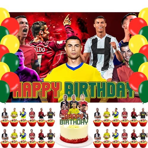 Ronaldo Soccer Birthday Party Decorations Football Star Banner Cake Topper Ballons Sports Theme Party Decorations for Boys Indoor Outdoor Birthday Party Supplies Backdrop 5*3FT)