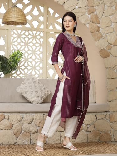 Stylum Women's Woven Design & Embroidered Cotton Blend Lurex Straight Kurta Pant Dupatta Set (Kpdpurplechakor38_Purple, M)