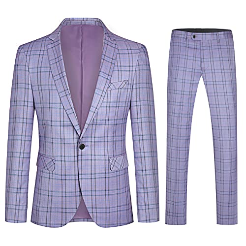 Cloudstyle Mens 2 PCS Plaid Suits Slim Formal Suit Checkered Blazer Jacket Pants