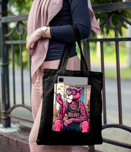 Image of ZORI Black Tote Bag With Pocket Printed Designed Canvas Tote Bags For Women large capacity,Tote bag For Shopping, College, Travel, More Canvas Handbag For Unisex Bag