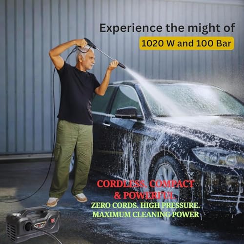 Image of STARQ TurboMax 48V Cordless High Pressure Washer, 1020W, 100 Bar, 8 LPM, Portable Car, Bike & Home Cleaning Washer with 8 Meter Hose and 1 x 4000mAh Battery (Single Battery Included)