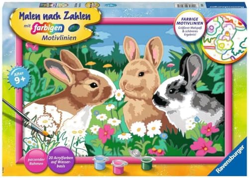 Ravensburger CreArt 28517 - Putzige Häschen - Malen nach Zahlen Kaninchen für Kinder ab 9 Jahre, Malset mit Rahmen, Pinsel und Acrylfarben, Geschenk für Mädchen und Jungen