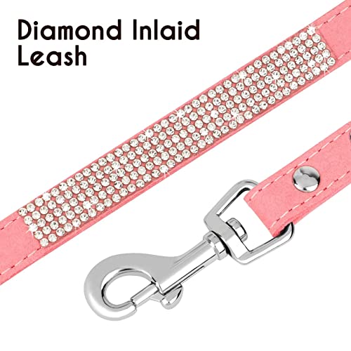Beirui Bling Rhinestone Dog Collar And Leash Set - Soft Suede Leather Sparkling Dog Collars With Flower - Cute Girl Dog Collars With 4Ft Leash For Small Dogs,Pink,Neck 10-12" #TOP3