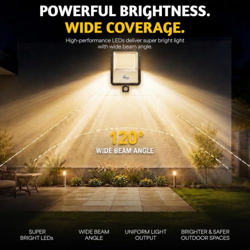 Image of Forus 250W LED Flood Light Yellow with Motion Sensor Auto On Off Day Night Mode Waterproof Outdoor Security Light for Garden Parking Garage Factory Warehouse igh Bright Floodlight 4Yr Warranty-1Pc