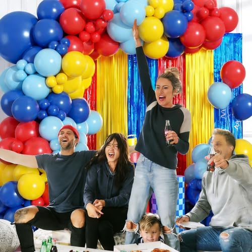 Image of Red Blue Yellow Balloon Arch Garland Kit Birthday Party Decorations, Video Game Foil Fringe Backdrop Tinsel Streamers Banner Photo Booth Props Cartoon Theme Carnival Circus Hero Party Decor Supplies