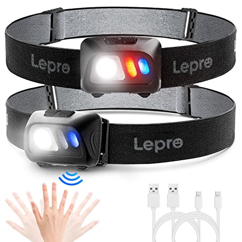 Lepro Rechargeable Headlamp 2-Pack, 1500Lux Super Bright LED Headlamp with Motion Sensor&5 Lighting Modes, IPX4 Waterproof Headlight for Outdoor Camping Hiking Running,Repairing, Camping, Fi