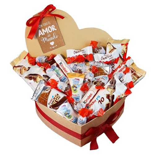 Onza Corazón San Valentín de Chocolates Kinder Bueno para regalar - Caja Chocolates originales con Kinder Bueno Mini, Schokobons, Happy Hippo, Kinder Bueno White - San valentin regalos mujer