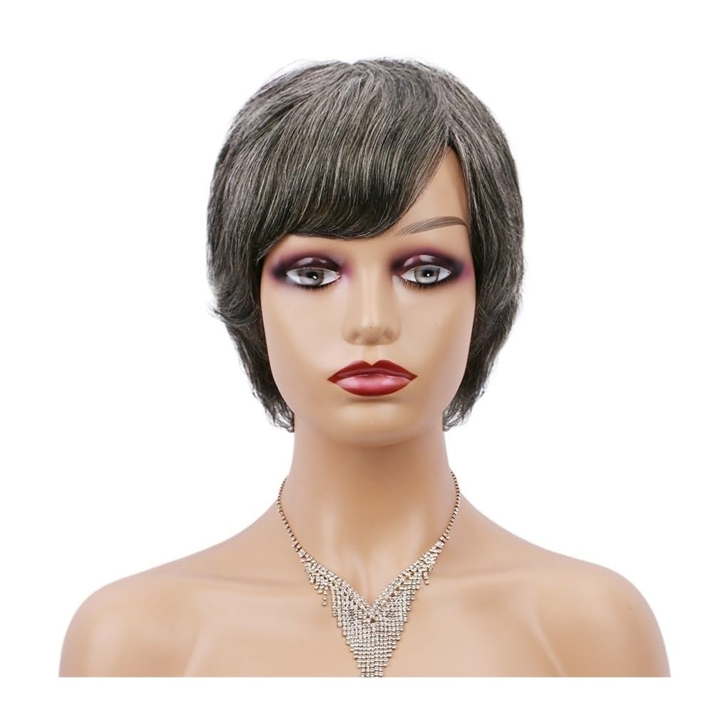 xiuling4568 6 inch Grey Pixie Cut Wig with Bangs for Daily Wear，Gray Short Human Hair Glueless Wigs Hairs Extensions(Dark Grey)